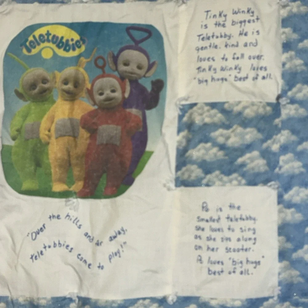 Vintage Teletubbies Handmade Quilt‎ Blue White Clouds Celestial 49x86 Baby Kids